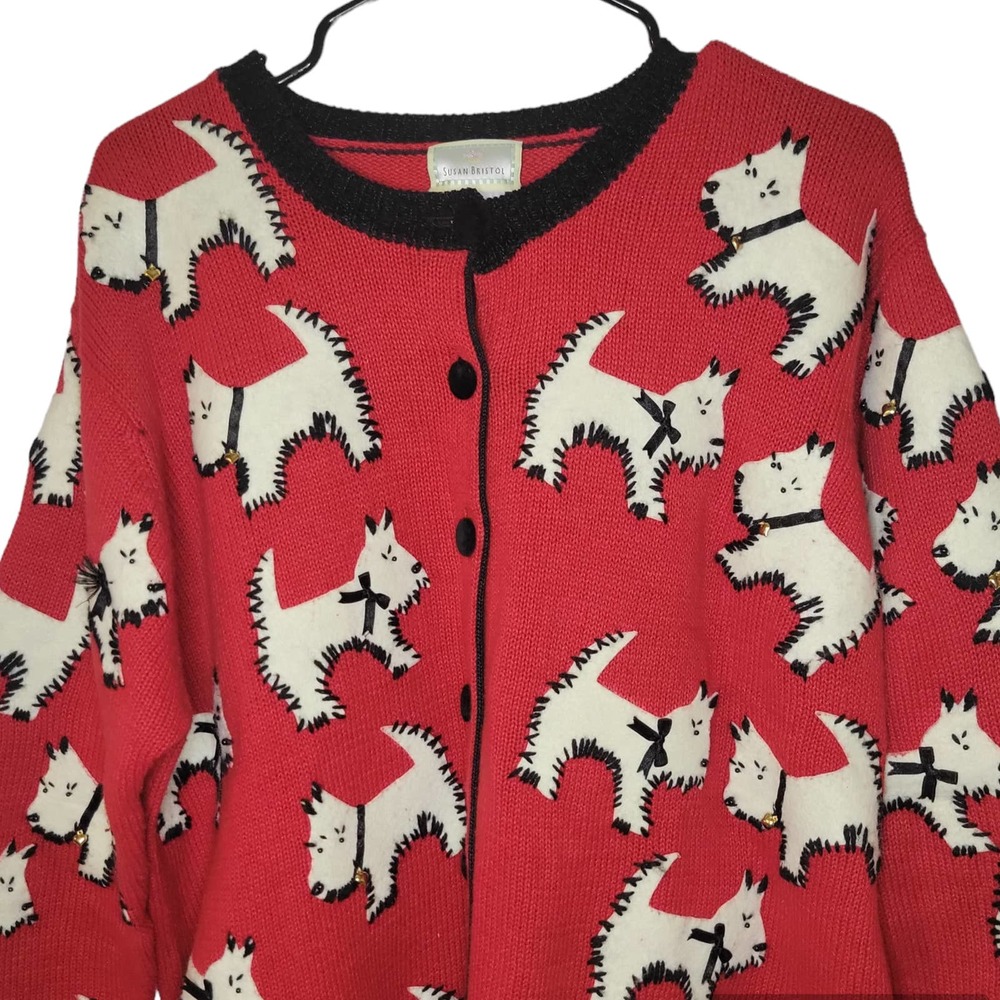 VTG Susan Bristol 1W 1X Vibrant Red & White Scottish Terriers Cardigan